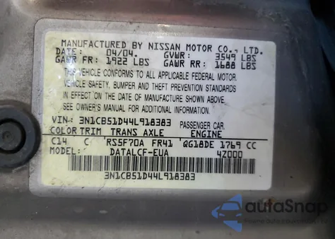 2004 Nissan Sentra 1.8 z USA, uszkodzony, nr VIN 3N1CB51D44L918383